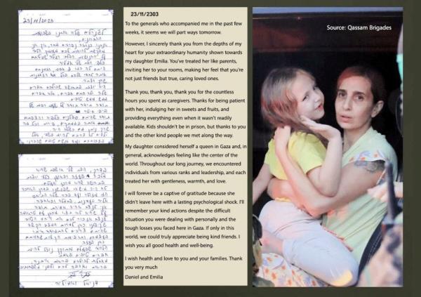 In a letter to Hamas fighters, an Israeli mother, Danielle Aloni co<em></em>nveyed her sincere gratitude for their treatment of her five-year-old daughter Emilia during the 49-day captivity in besieged Gaza.