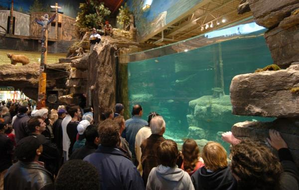 Spectators watch and take tips from a proangler as he demo<em></em>nstrates fishing tecniques in the live fish pond at Bass Pro Shops