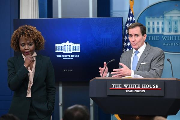 White House Press Secretary Karine Jean-Pierre and Natio<em></em>nal Security Council Coordinator for Strategic Communications John Kirby share the podium.