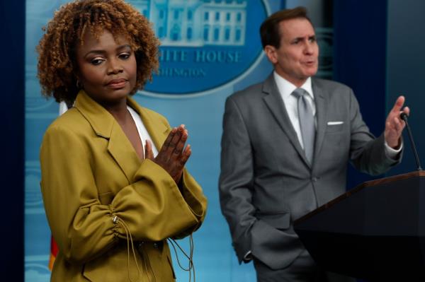 White House Press Secretary Karine Jean-Pierre and Natio<em></em>nal Security Council Coordinator for Strategic Communications John Kirby share the podium.