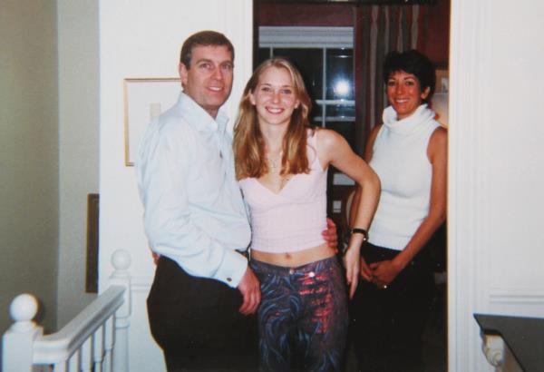 Prince Andrew, Virginia Giuffre and Ghislaine Maxwell in a photo alleged to have been taken in London, in March 2001.