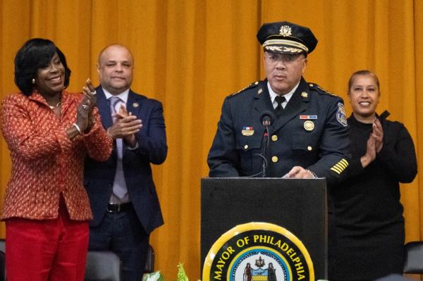 Police Commissio<em></em>ner Kevin Bethel speaks at the podium during his swearing ceremony in Philadelphia.