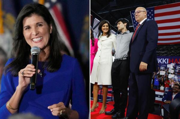 Former U.S. Ambassador to the United Nations Nikki Haley stands with her husband Michael Haley, her daughter Rena Haley, her son-in-law Joshua Jackson and her son Nalin Haley on the stage as she announces her run for the 2024 Republican presidential nomination at a campaign event in Charleston, South Carolina