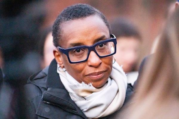 Claudine Gay is pictured at a menorah lighting on campus.